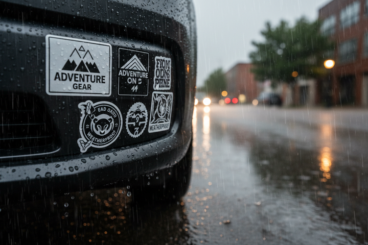 Vinyl Sticker auf Auto im Regen